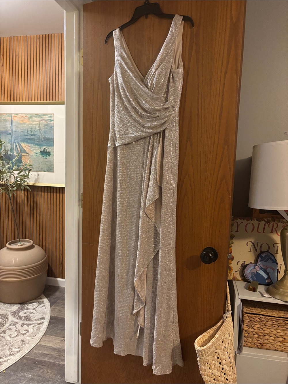 Oleg Cassini Silver Metallic Draped Maxi Gown